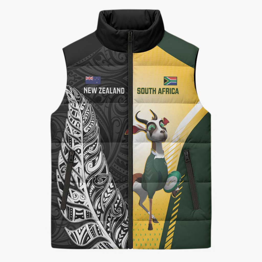New Zealand and South Africa Rugby Custom Sleeveless Puffer Jacket Maori Silver Fern Springbok Together - Aussie Hoodie