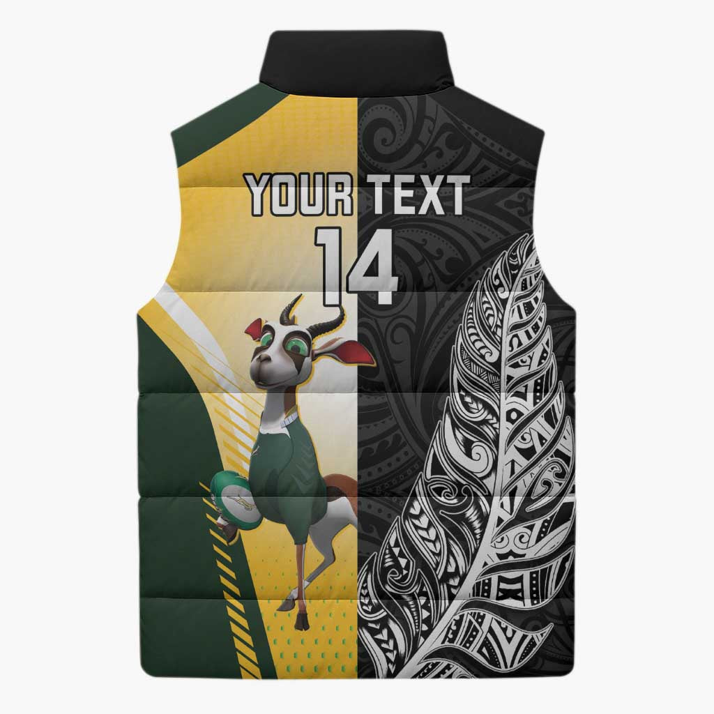 New Zealand and South Africa Rugby Custom Sleeveless Puffer Jacket Maori Silver Fern Springbok Together - Aussie Hoodie