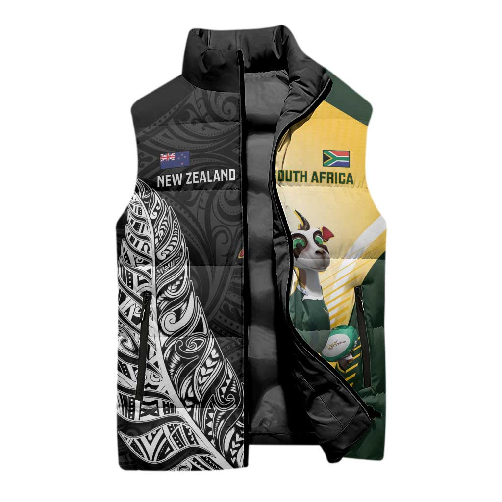 New Zealand and South Africa Rugby Custom Sleeveless Puffer Jacket Maori Silver Fern Springbok Together - Aussie Hoodie