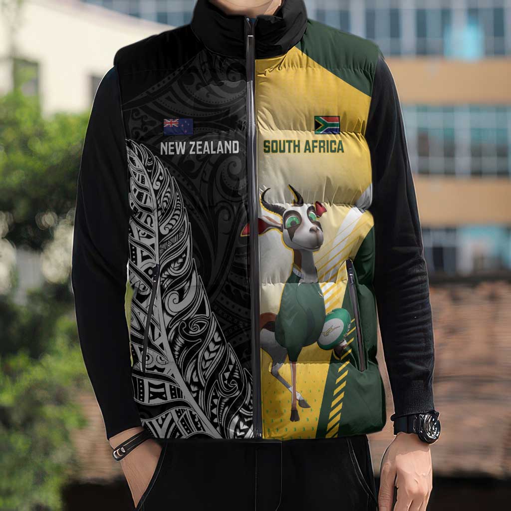 New Zealand and South Africa Rugby Custom Sleeveless Puffer Jacket Maori Silver Fern Springbok Together - Aussie Hoodie