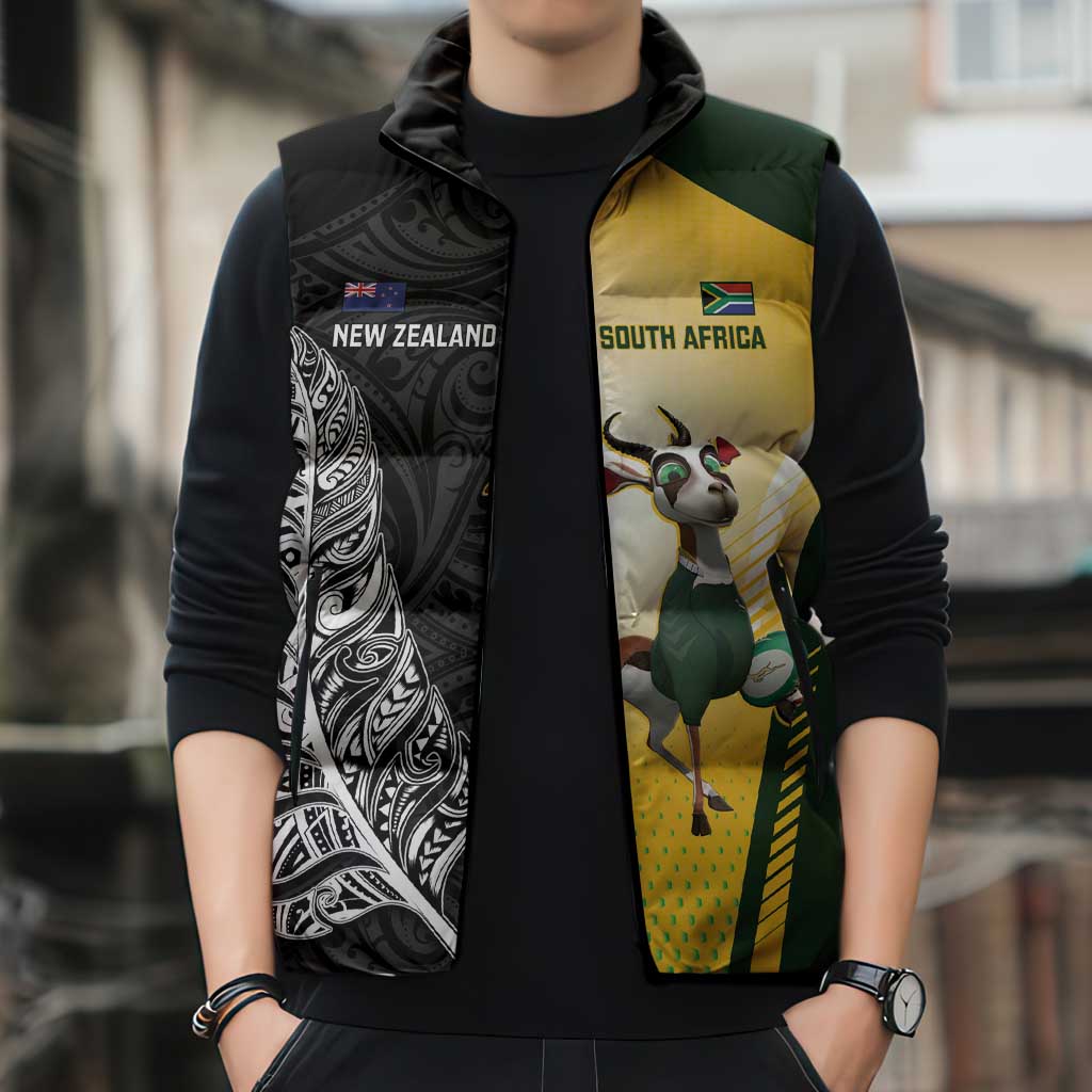 New Zealand and South Africa Rugby Custom Sleeveless Puffer Jacket Maori Silver Fern Springbok Together - Aussie Hoodie