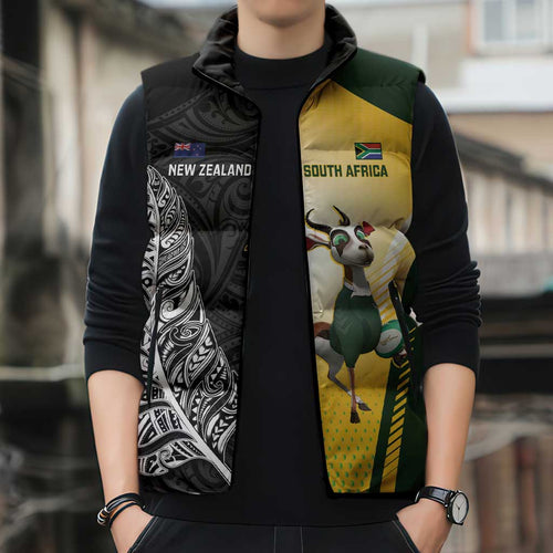 New Zealand and South Africa Rugby Custom Sleeveless Puffer Jacket Maori Silver Fern Springbok Together - Aussie Hoodie