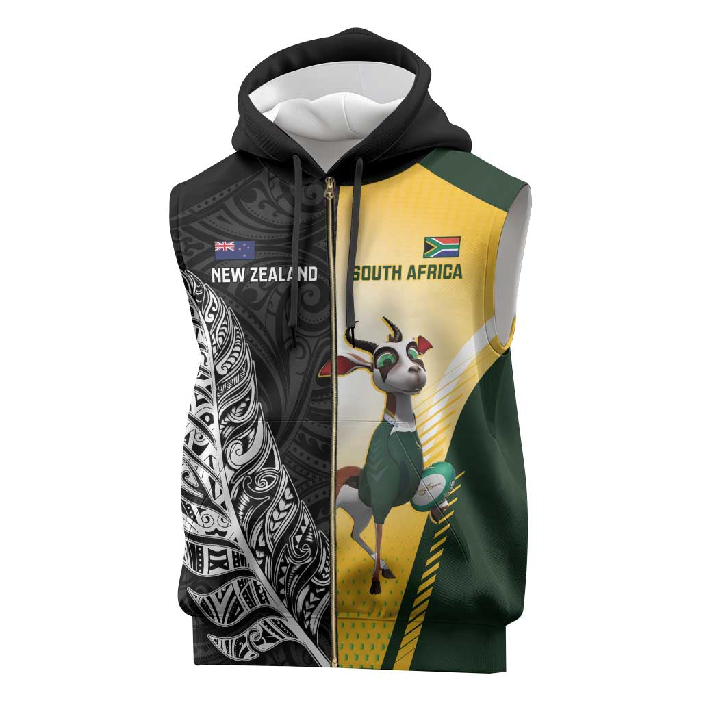 New Zealand and South Africa Rugby Custom Sleeveless Zip Hoodie Maori Silver Fern Springbok Together - Aussie Hoodie