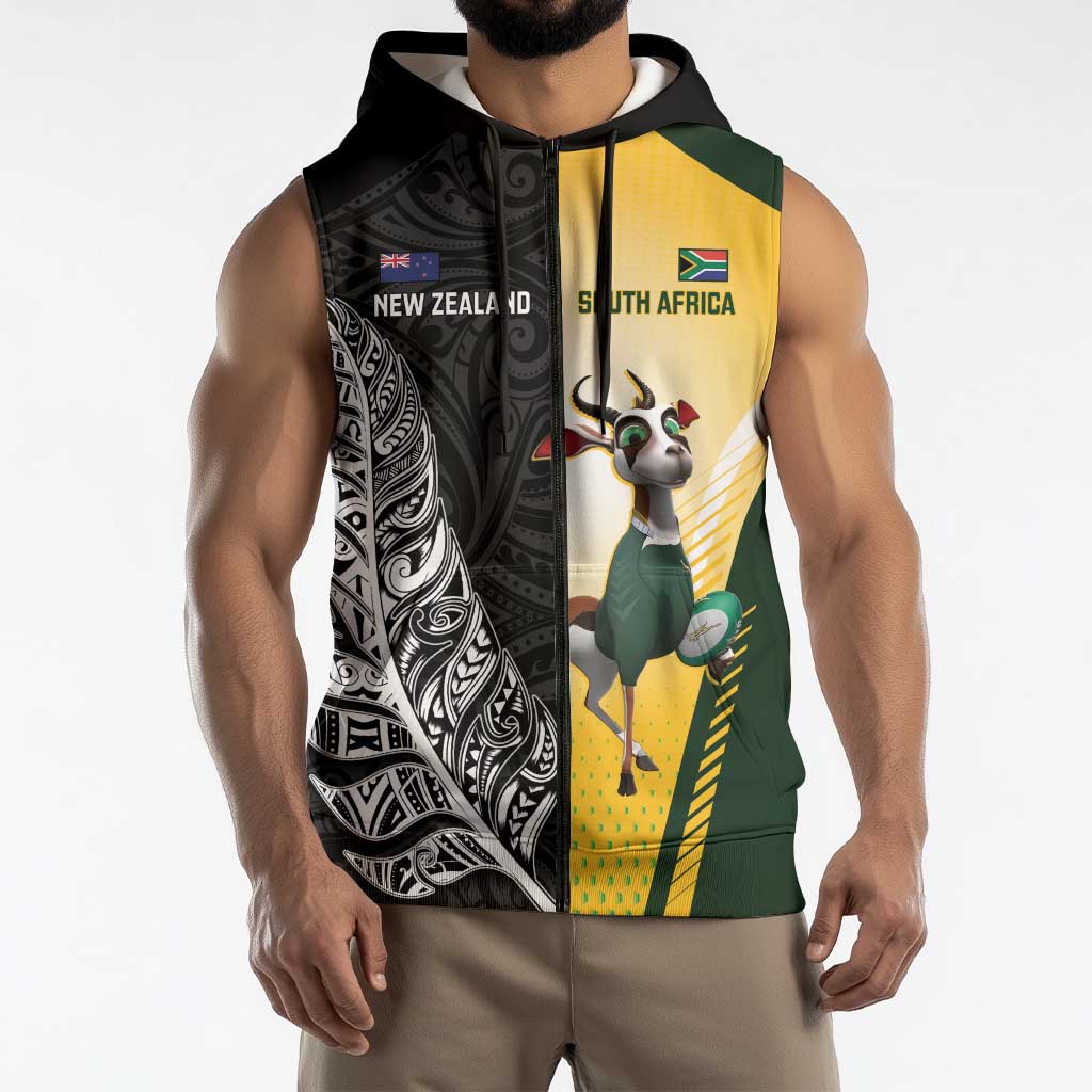 New Zealand and South Africa Rugby Custom Sleeveless Zip Hoodie Maori Silver Fern Springbok Together LT14