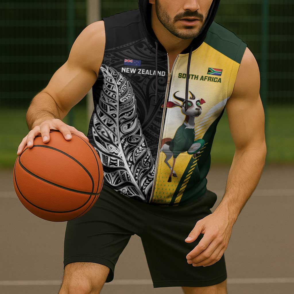 New Zealand and South Africa Rugby Custom Sleeveless Zip Hoodie Maori Silver Fern Springbok Together - Aussie Hoodie