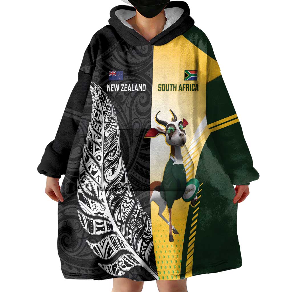 New Zealand and South Africa Rugby Custom Wearable Blanket Hoodie Maori Silver Fern Springbok Together - Aussie Hoodie