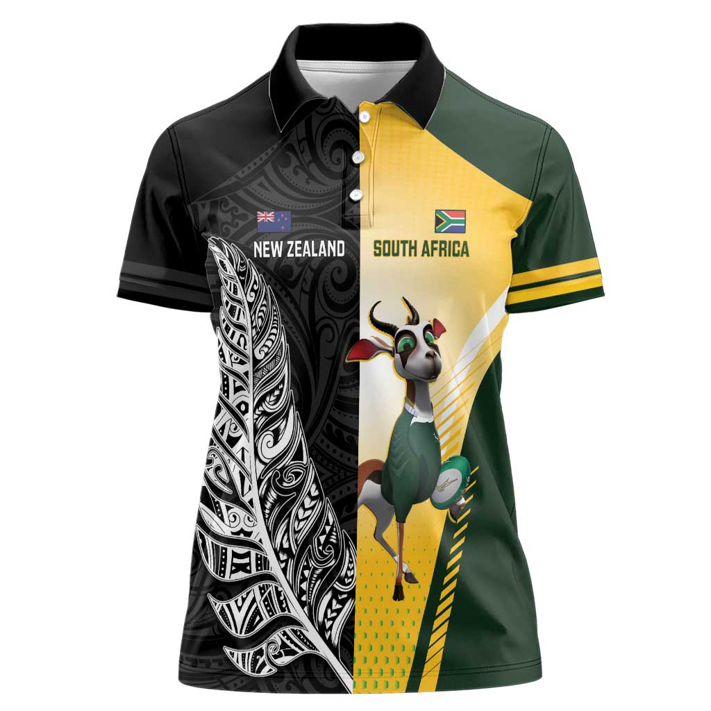 New Zealand and South Africa Rugby Custom Women Polo Shirt Maori Silver Fern Springbok Together - Aussie Hoodie
