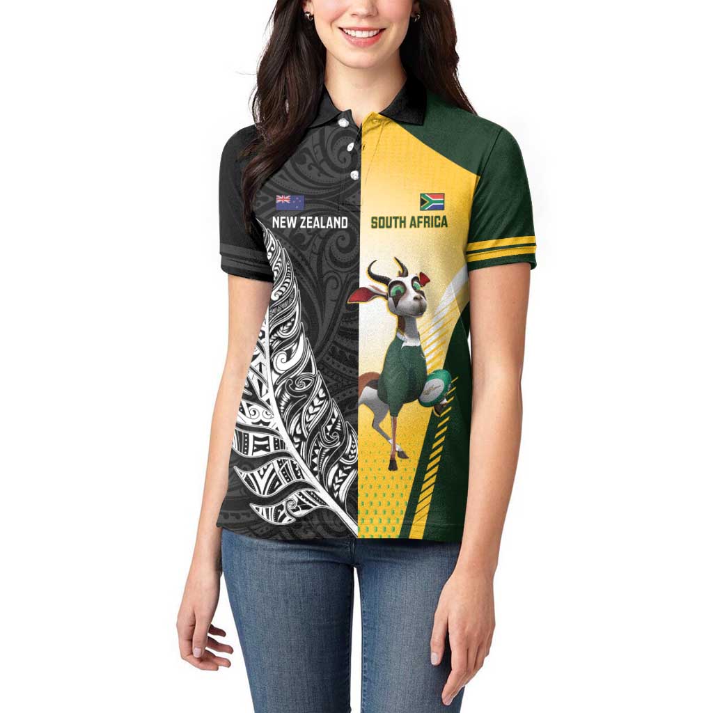 New Zealand and South Africa Rugby Custom Women Polo Shirt Maori Silver Fern Springbok Together - Aussie Hoodie