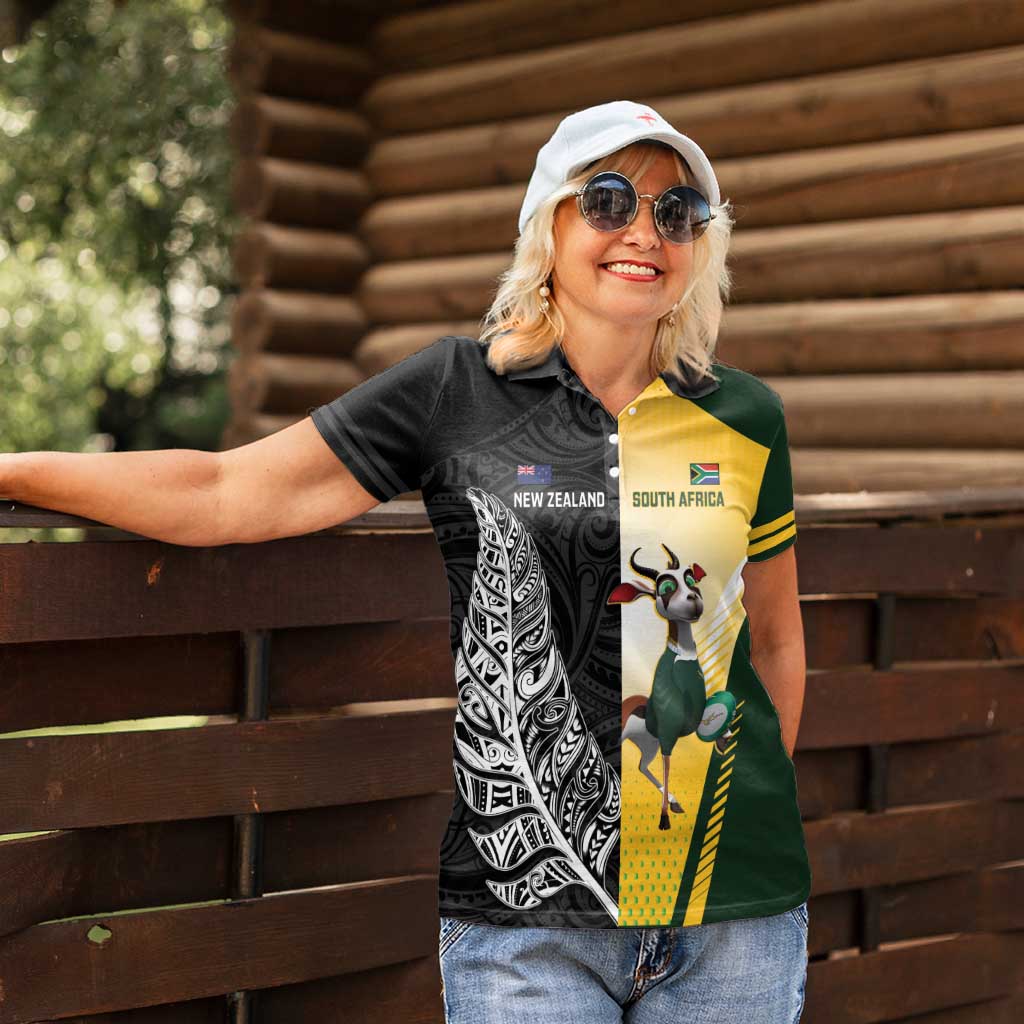 New Zealand and South Africa Rugby Custom Women Polo Shirt Maori Silver Fern Springbok Together - Aussie Hoodie
