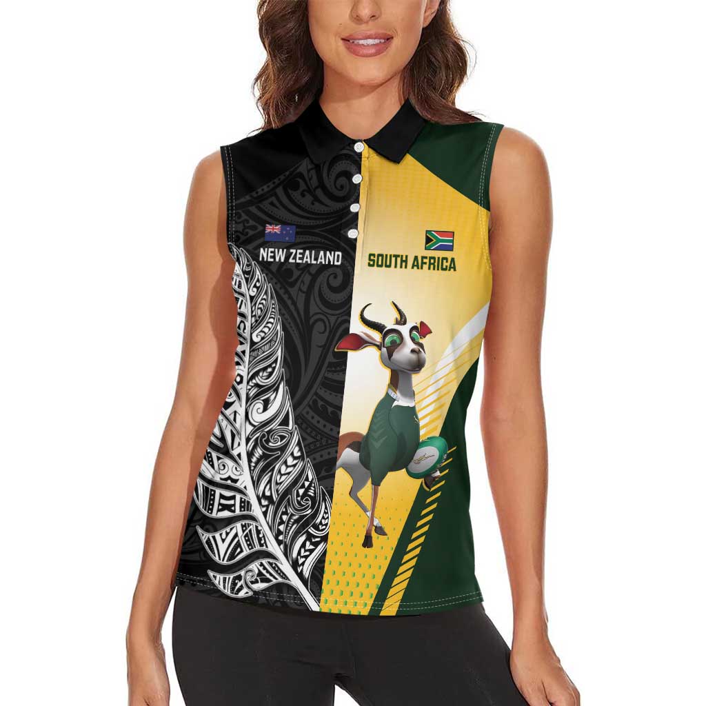 New Zealand and South Africa Rugby Custom Women Sleeveless Polo Shirt Maori Silver Fern Springbok Together - Aussie Hoodie