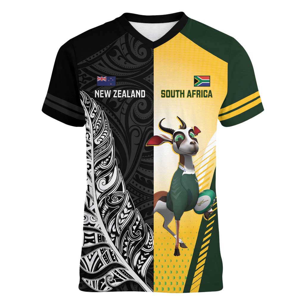 New Zealand and South Africa Rugby Custom Women V-Neck T-Shirt Maori Silver Fern Springbok Together - Aussie Hoodie