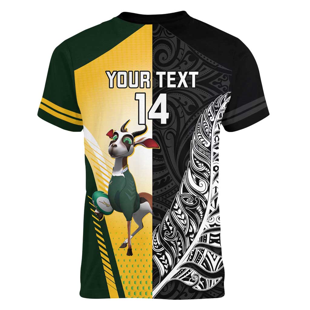 New Zealand and South Africa Rugby Custom Women V-Neck T-Shirt Maori Silver Fern Springbok Together - Aussie Hoodie