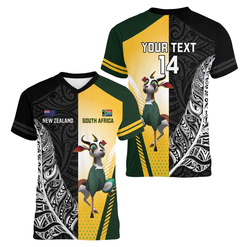 New Zealand and South Africa Rugby Custom Women V-Neck T-Shirt Maori Silver Fern Springbok Together - Aussie Hoodie
