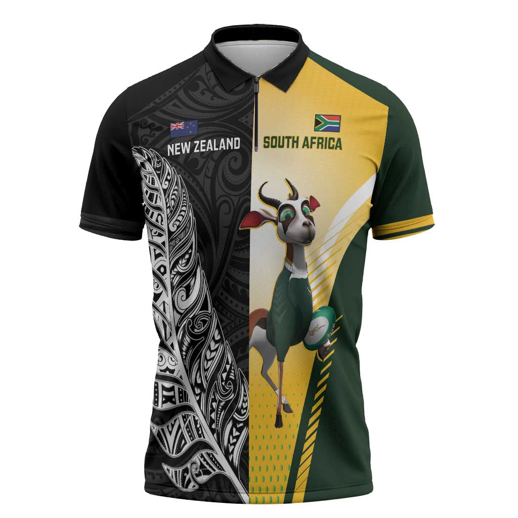 New Zealand and South Africa Rugby Custom Zipper Polo Shirt Maori Silver Fern Springbok Together - Aussie Hoodie