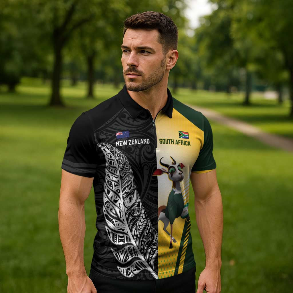 New Zealand and South Africa Rugby Custom Zipper Polo Shirt Maori Silver Fern Springbok Together - Aussie Hoodie