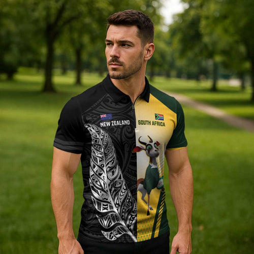 New Zealand and South Africa Rugby Custom Zipper Polo Shirt Maori Silver Fern Springbok Together - Aussie Hoodie