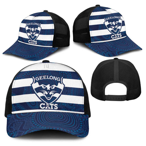 AFL Cats Football Baseball Net Cap Geelong Proud Indigenous Art - Aussie Hoodie