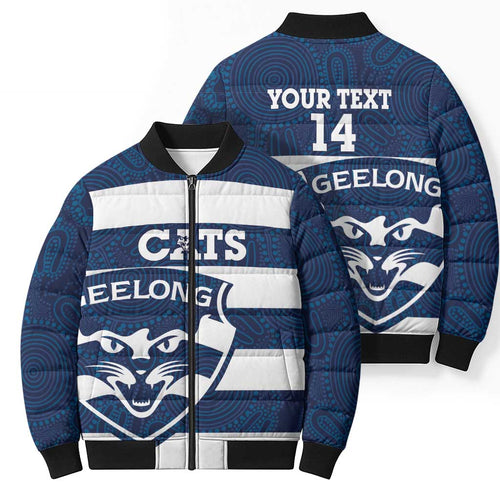 AFL Cats Football Custom Bomber Puffer Jacket Geelong Proud Indigenous Art - Aussie Hoodie