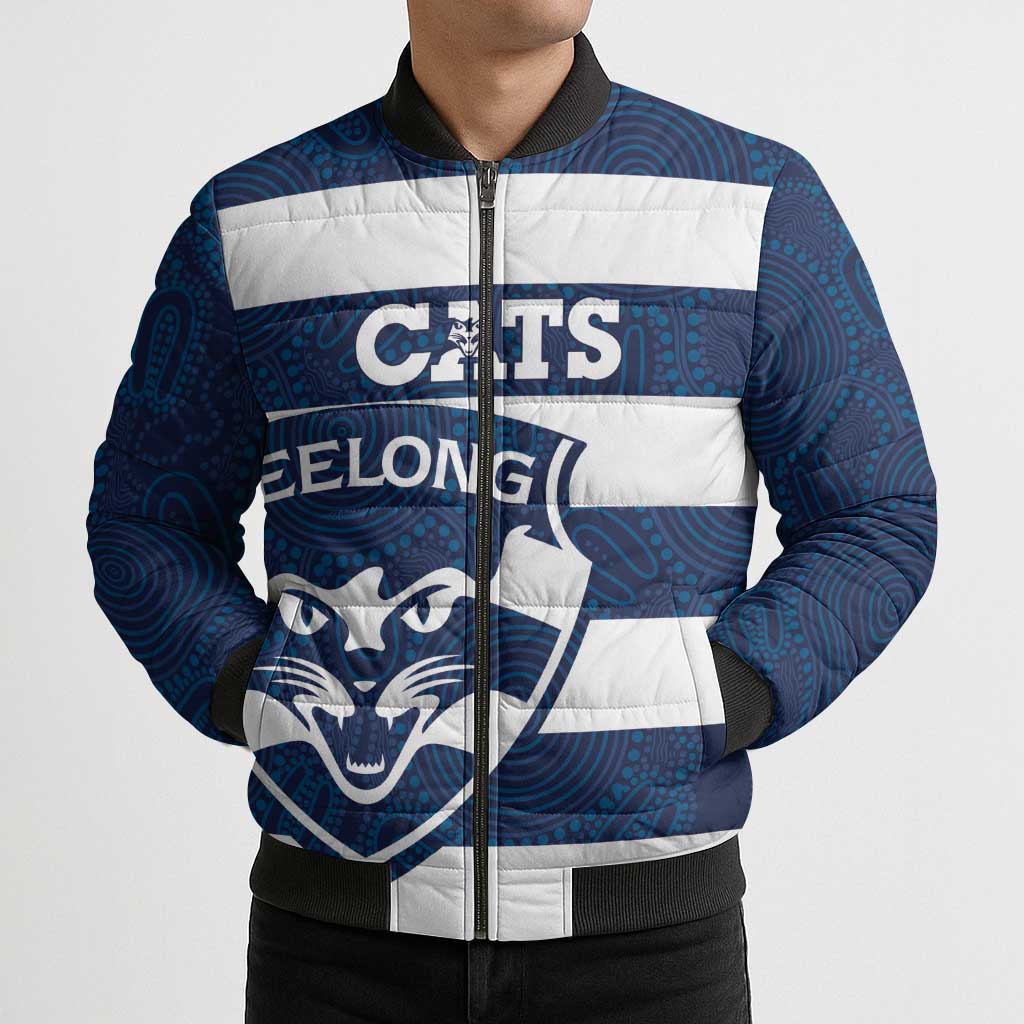 AFL Cats Football Custom Bomber Puffer Jacket Geelong Proud Indigenous Art - Aussie Hoodie