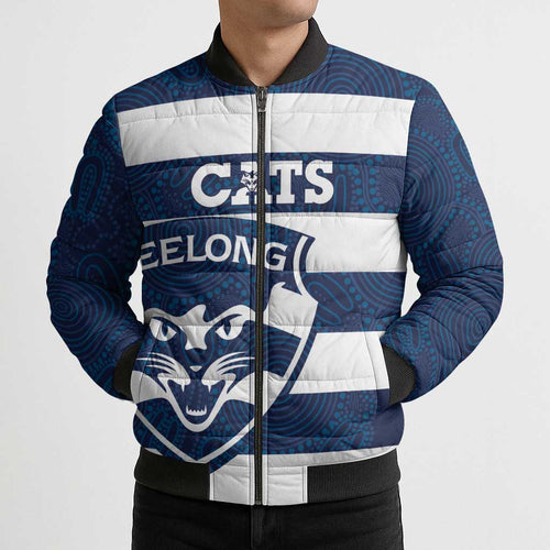 AFL Cats Football Custom Bomber Puffer Jacket Geelong Proud Indigenous Art - Aussie Hoodie