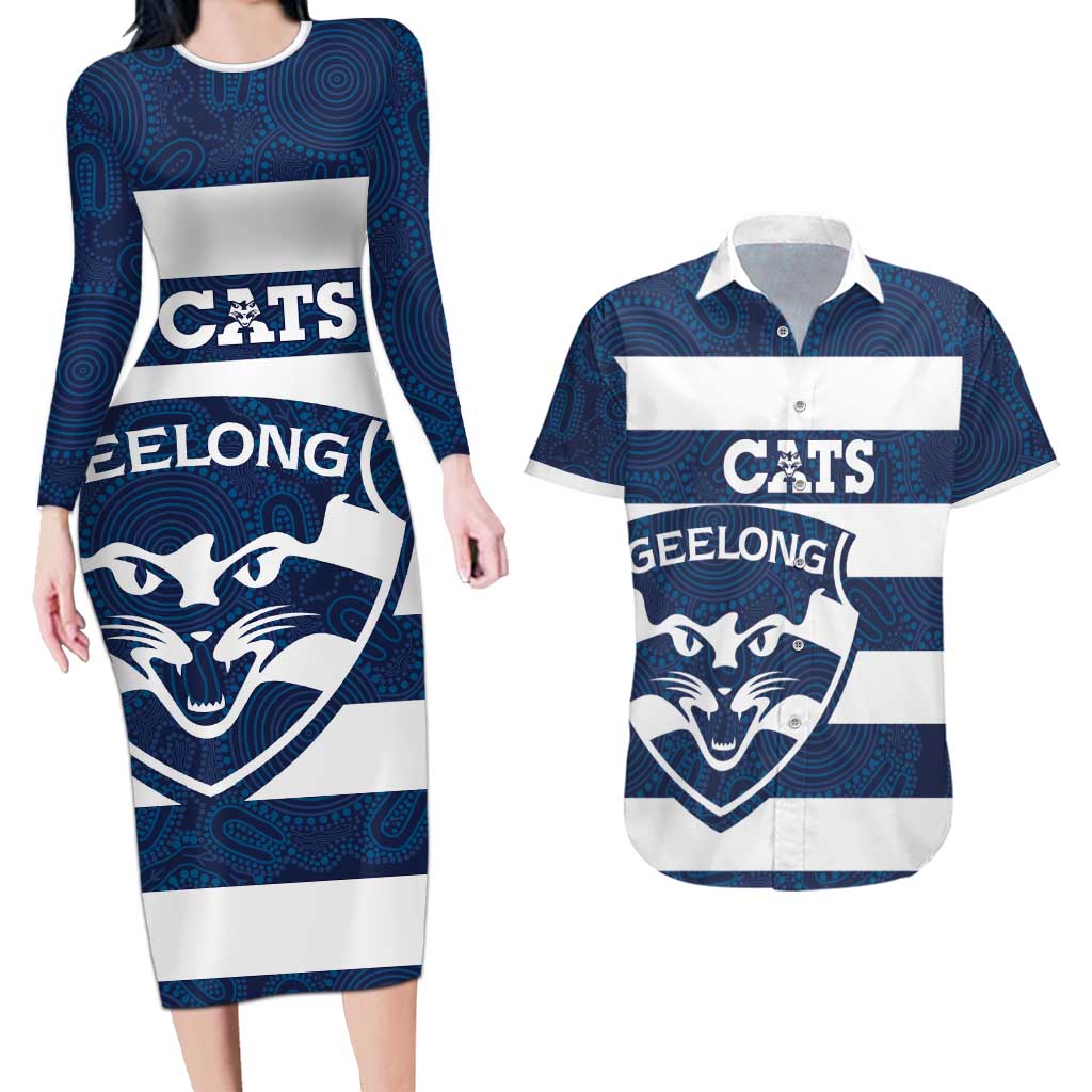 AFL Cats Football Custom Couples Matching Long Sleeve Bodycon Dress and Hawaiian Shirt Geelong Proud Indigenous Art - Aussie Hoodie