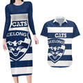 AFL Cats Football Custom Couples Matching Long Sleeve Bodycon Dress and Hawaiian Shirt Geelong Proud Indigenous Art - Aussie Hoodie