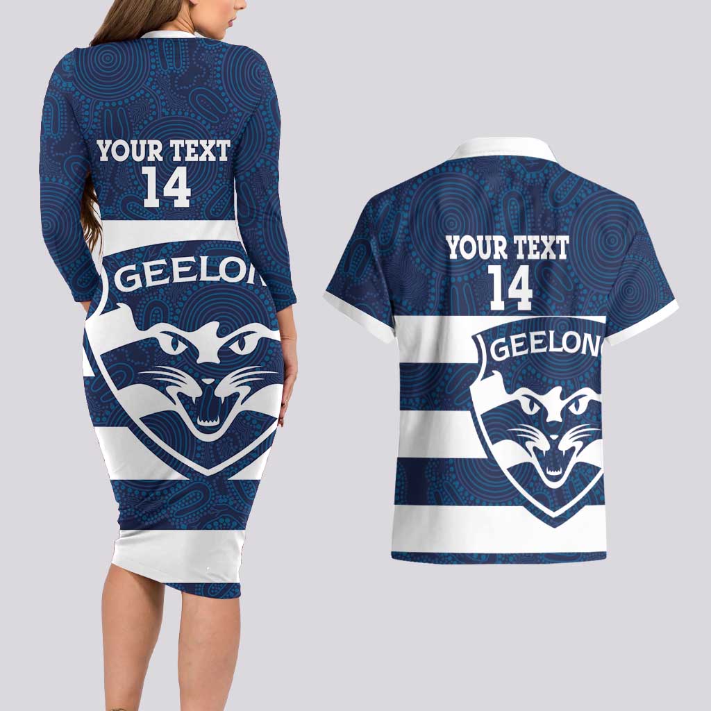AFL Cats Football Custom Couples Matching Long Sleeve Bodycon Dress and Hawaiian Shirt Geelong Proud Indigenous Art - Aussie Hoodie