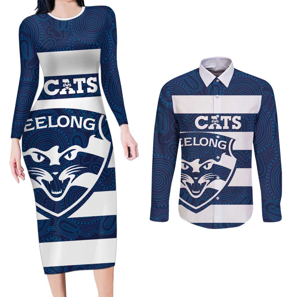 AFL Cats Football Custom Couples Matching Long Sleeve Bodycon Dress and Long Sleeve Button Shirt Geelong Proud Indigenous Art - Aussie Hoodie