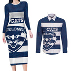 AFL Cats Football Custom Couples Matching Long Sleeve Bodycon Dress and Long Sleeve Button Shirt Geelong Proud Indigenous Art - Aussie Hoodie