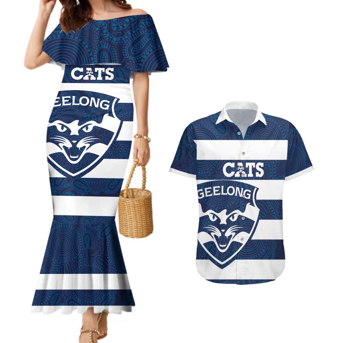 AFL Cats Football Custom Couples Matching Mermaid Dress and Hawaiian Shirt Geelong Proud Indigenous Art - Aussie Hoodie