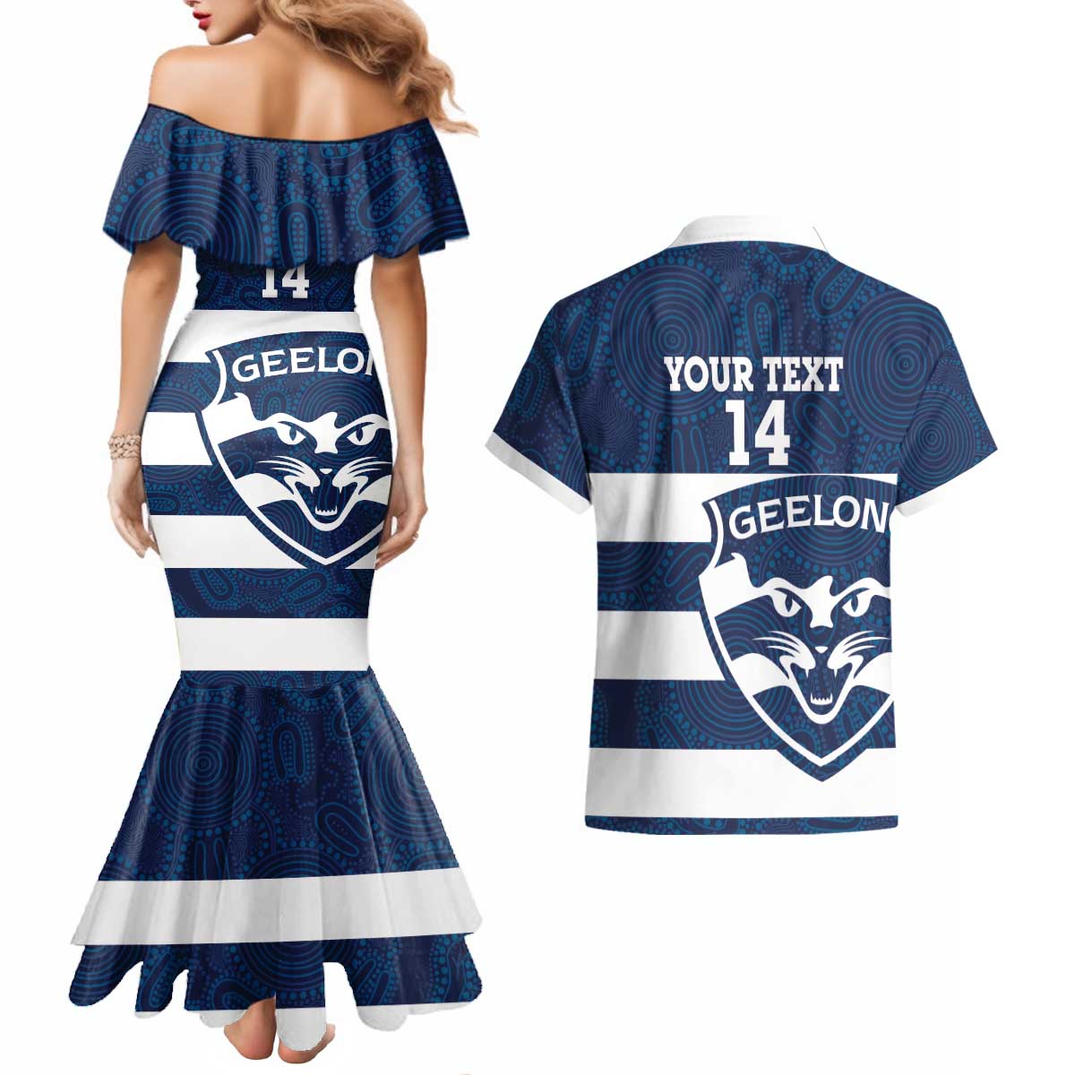 AFL Cats Football Custom Couples Matching Mermaid Dress and Hawaiian Shirt Geelong Proud Indigenous Art - Aussie Hoodie