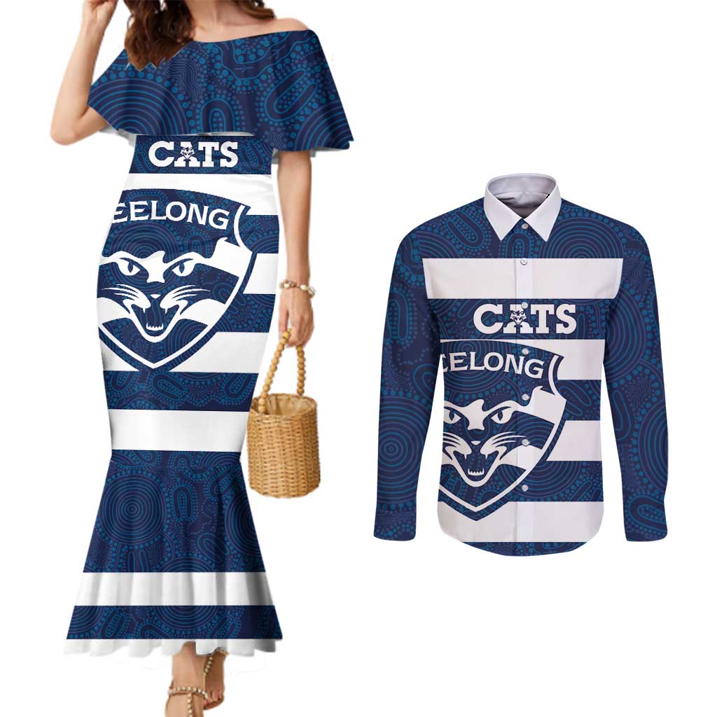 AFL Cats Football Custom Couples Matching Mermaid Dress and Long Sleeve Button Shirt Geelong Proud Indigenous Art - Aussie Hoodie