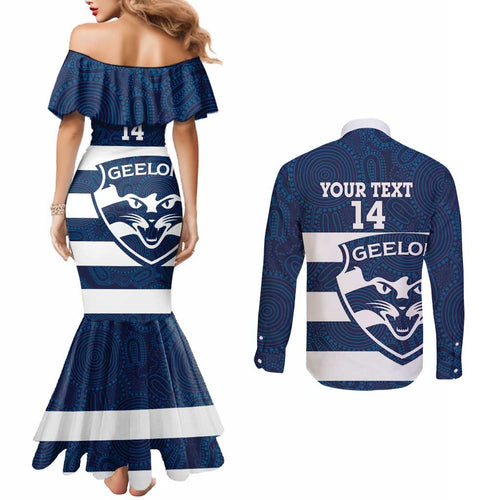 AFL Cats Football Custom Couples Matching Mermaid Dress and Long Sleeve Button Shirt Geelong Proud Indigenous Art - Aussie Hoodie
