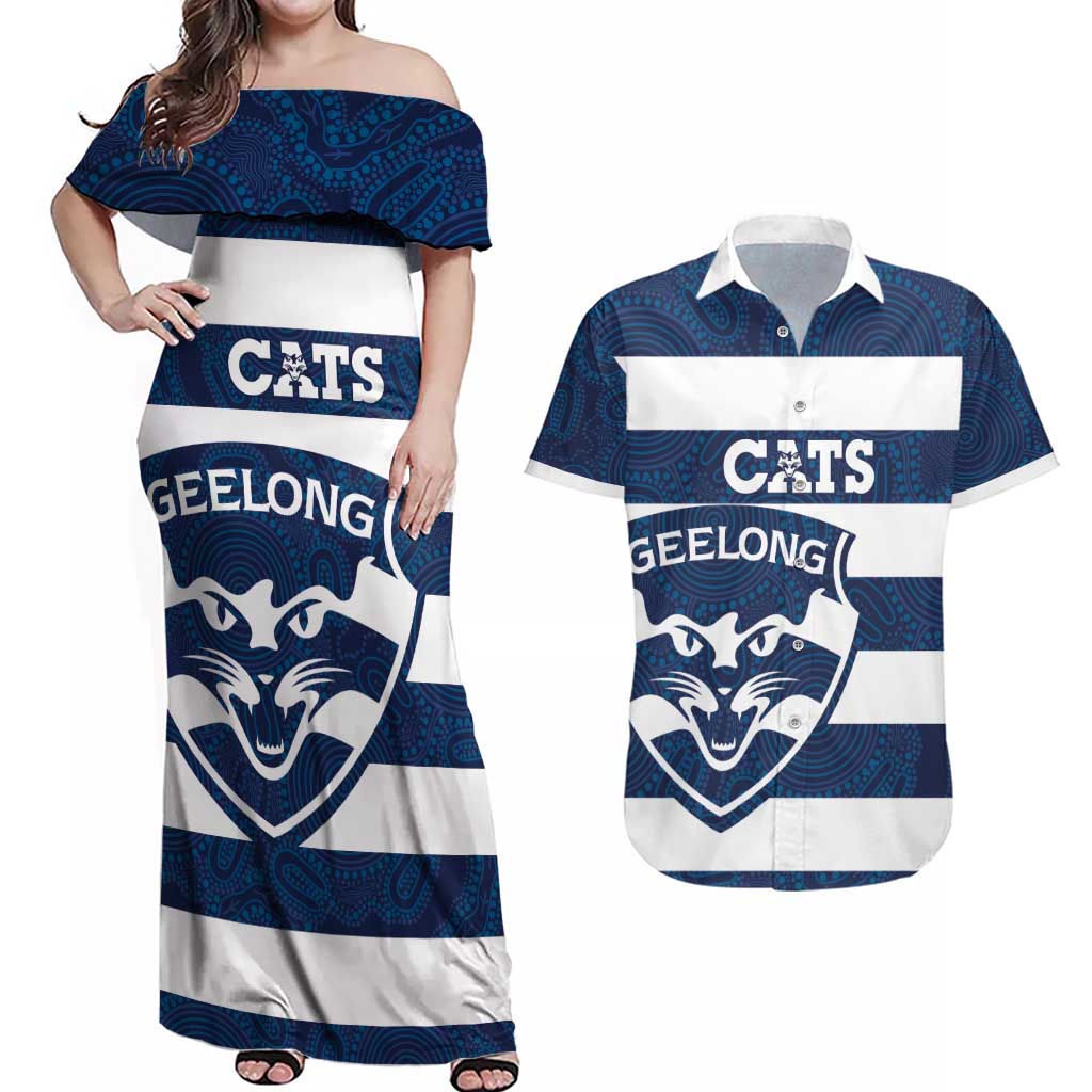 AFL Cats Football Custom Couples Matching Off Shoulder Maxi Dress and Hawaiian Shirt Geelong Proud Indigenous Art - Aussie Hoodie