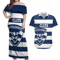 AFL Cats Football Custom Couples Matching Off Shoulder Maxi Dress and Hawaiian Shirt Geelong Proud Indigenous Art - Aussie Hoodie