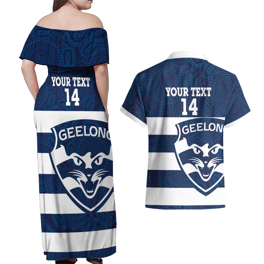 AFL Cats Football Custom Couples Matching Off Shoulder Maxi Dress and Hawaiian Shirt Geelong Proud Indigenous Art - Aussie Hoodie