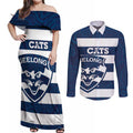 AFL Cats Football Custom Couples Matching Off Shoulder Maxi Dress and Long Sleeve Button Shirt Geelong Proud Indigenous Art - Aussie Hoodie