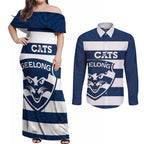 AFL Cats Football Custom Couples Matching Off Shoulder Maxi Dress and Long Sleeve Button Shirt Geelong Proud Indigenous Art - Aussie Hoodie