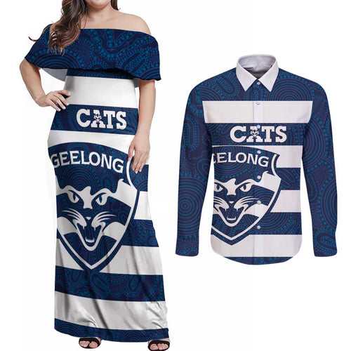 AFL Cats Football Custom Couples Matching Off Shoulder Maxi Dress and Long Sleeve Button Shirt Geelong Proud Indigenous Art - Aussie Hoodie