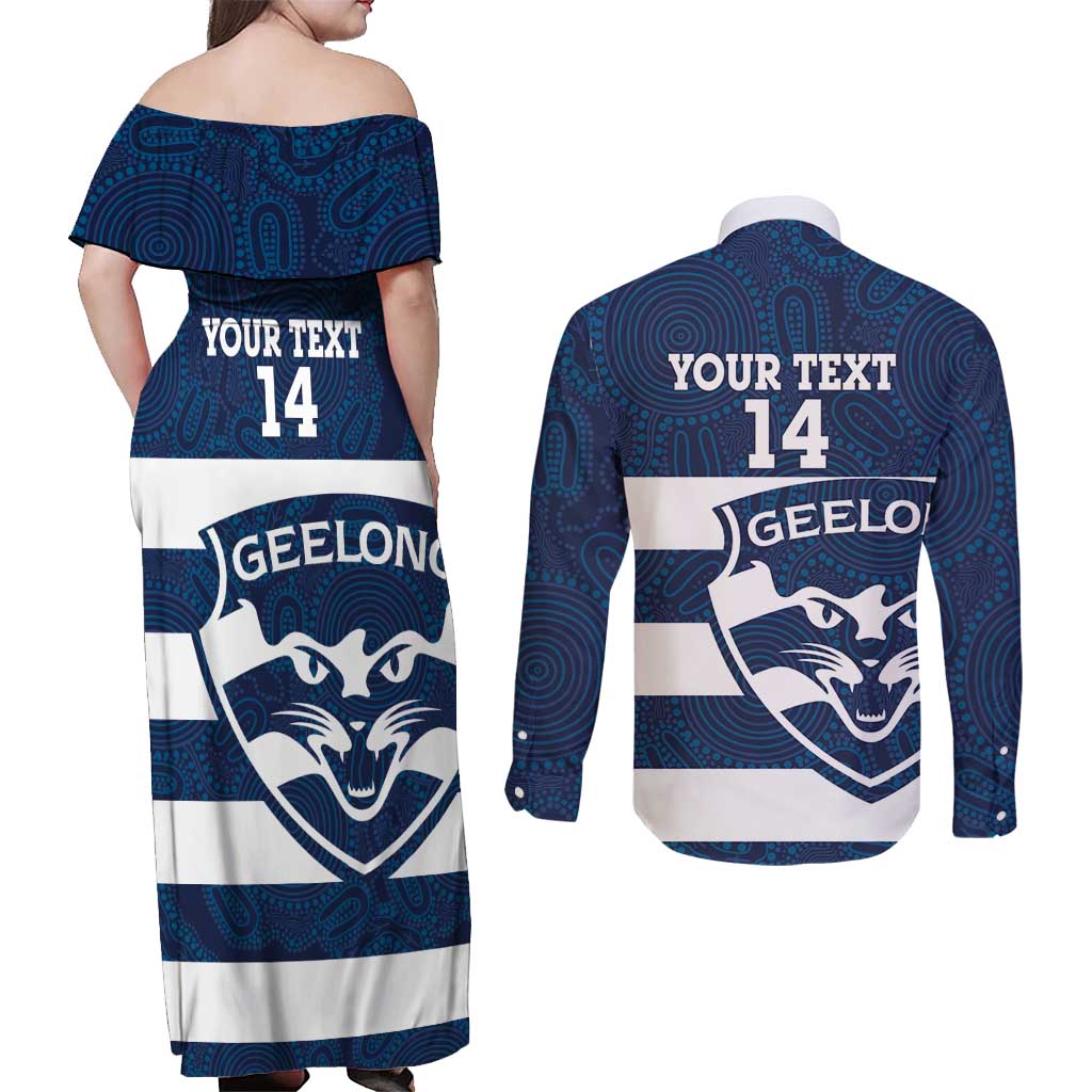 AFL Cats Football Custom Couples Matching Off Shoulder Maxi Dress and Long Sleeve Button Shirt Geelong Proud Indigenous Art - Aussie Hoodie