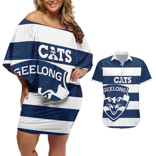 AFL Cats Football Custom Couples Matching Off Shoulder Short Dress and Hawaiian Shirt Geelong Proud Indigenous Art - Aussie Hoodie