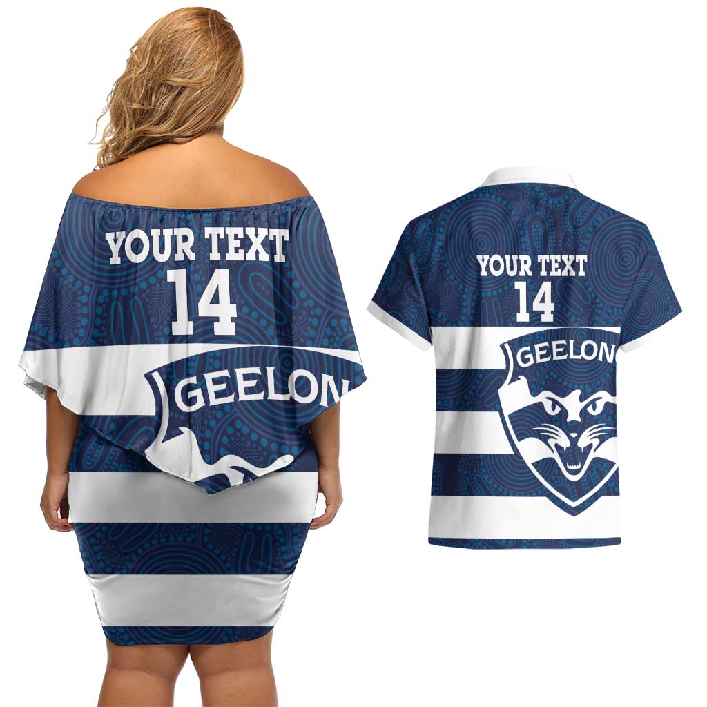 AFL Cats Football Custom Couples Matching Off Shoulder Short Dress and Hawaiian Shirt Geelong Proud Indigenous Art - Aussie Hoodie