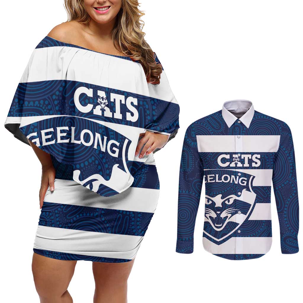 AFL Cats Football Custom Couples Matching Off Shoulder Short Dress and Long Sleeve Button Shirt Geelong Proud Indigenous Art - Aussie Hoodie