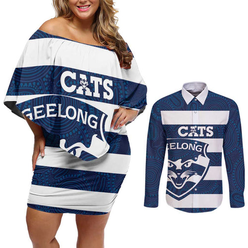 AFL Cats Football Custom Couples Matching Off Shoulder Short Dress and Long Sleeve Button Shirt Geelong Proud Indigenous Art - Aussie Hoodie