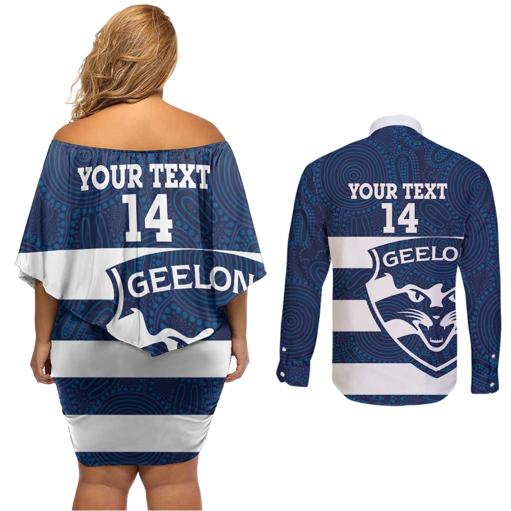 AFL Cats Football Custom Couples Matching Off Shoulder Short Dress and Long Sleeve Button Shirt Geelong Proud Indigenous Art - Aussie Hoodie