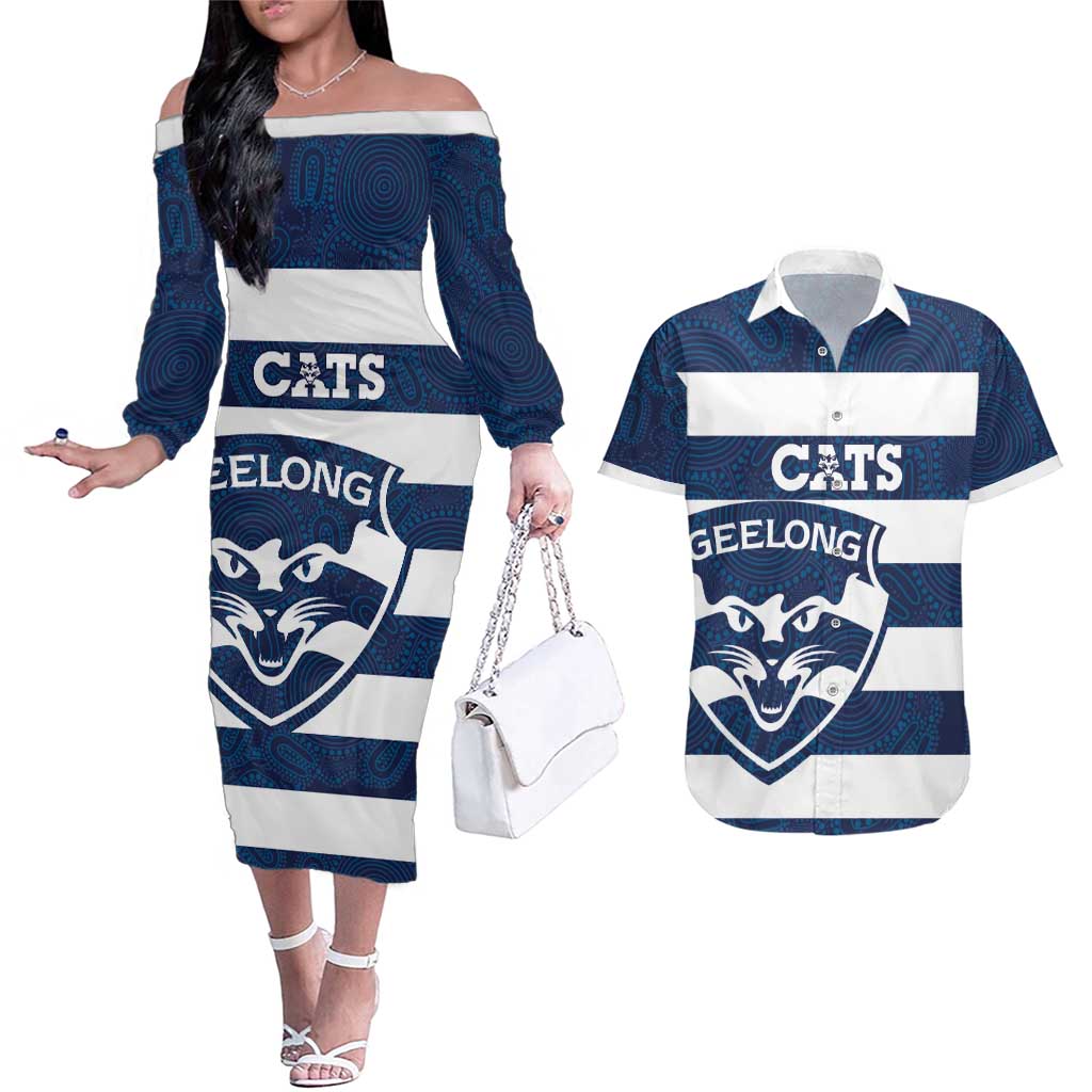 AFL Cats Football Custom Couples Matching Off The Shoulder Long Sleeve Dress and Hawaiian Shirt Geelong Proud Indigenous Art - Aussie Hoodie