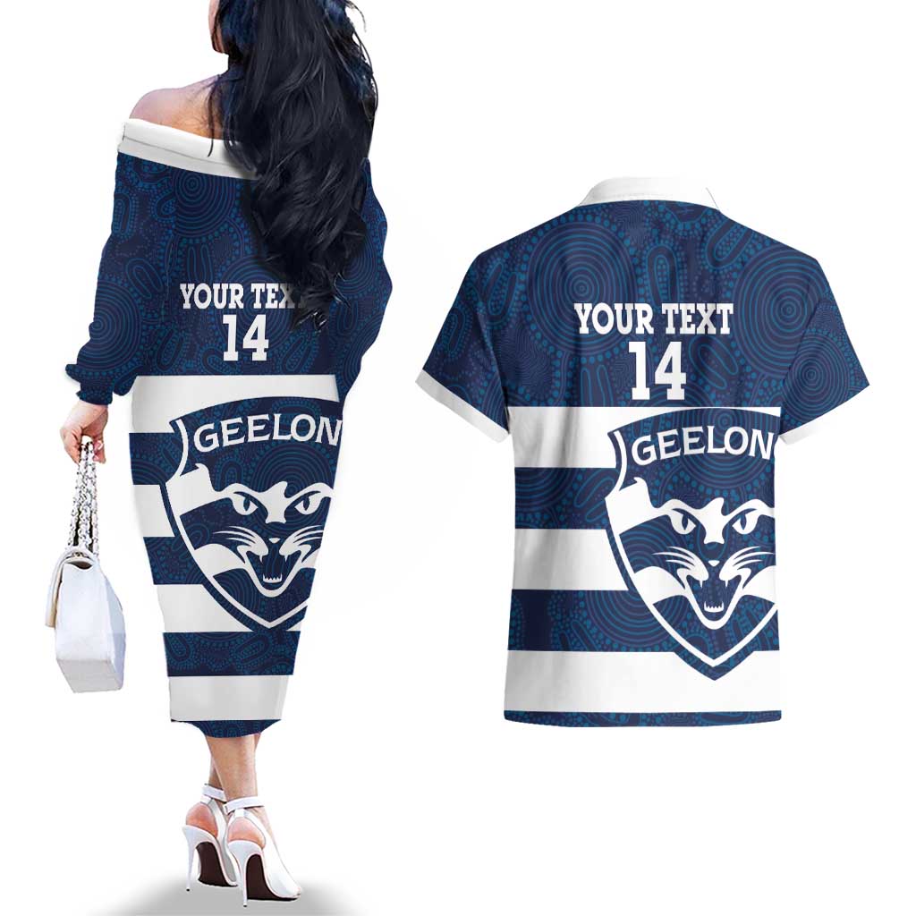 AFL Cats Football Custom Couples Matching Off The Shoulder Long Sleeve Dress and Hawaiian Shirt Geelong Proud Indigenous Art - Aussie Hoodie