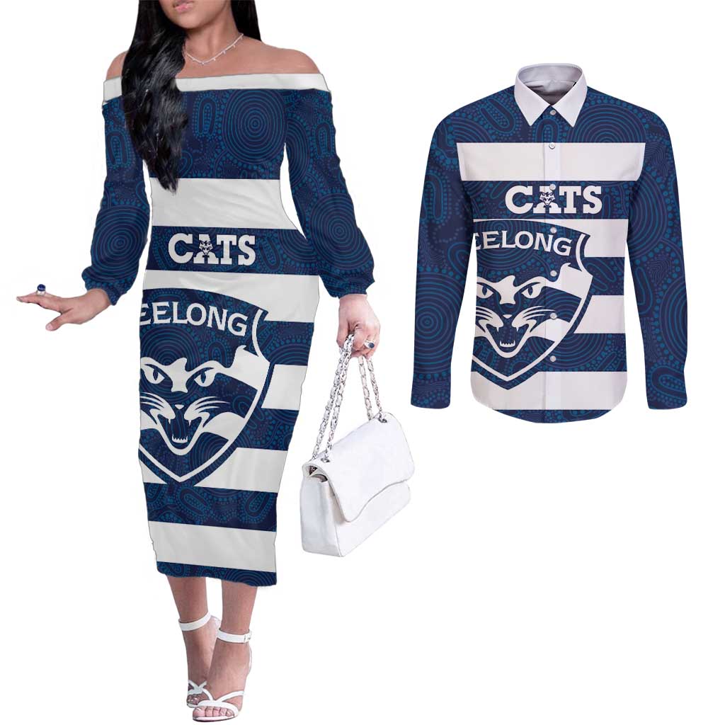 AFL Cats Football Custom Couples Matching Off The Shoulder Long Sleeve Dress and Long Sleeve Button Shirt Geelong Proud Indigenous Art - Aussie Hoodie