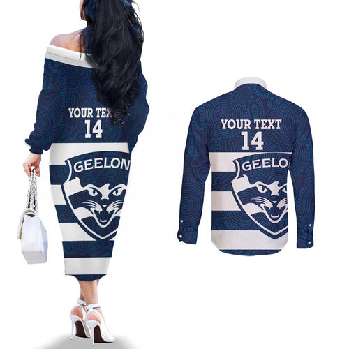 AFL Cats Football Custom Couples Matching Off The Shoulder Long Sleeve Dress and Long Sleeve Button Shirt Geelong Proud Indigenous Art - Aussie Hoodie