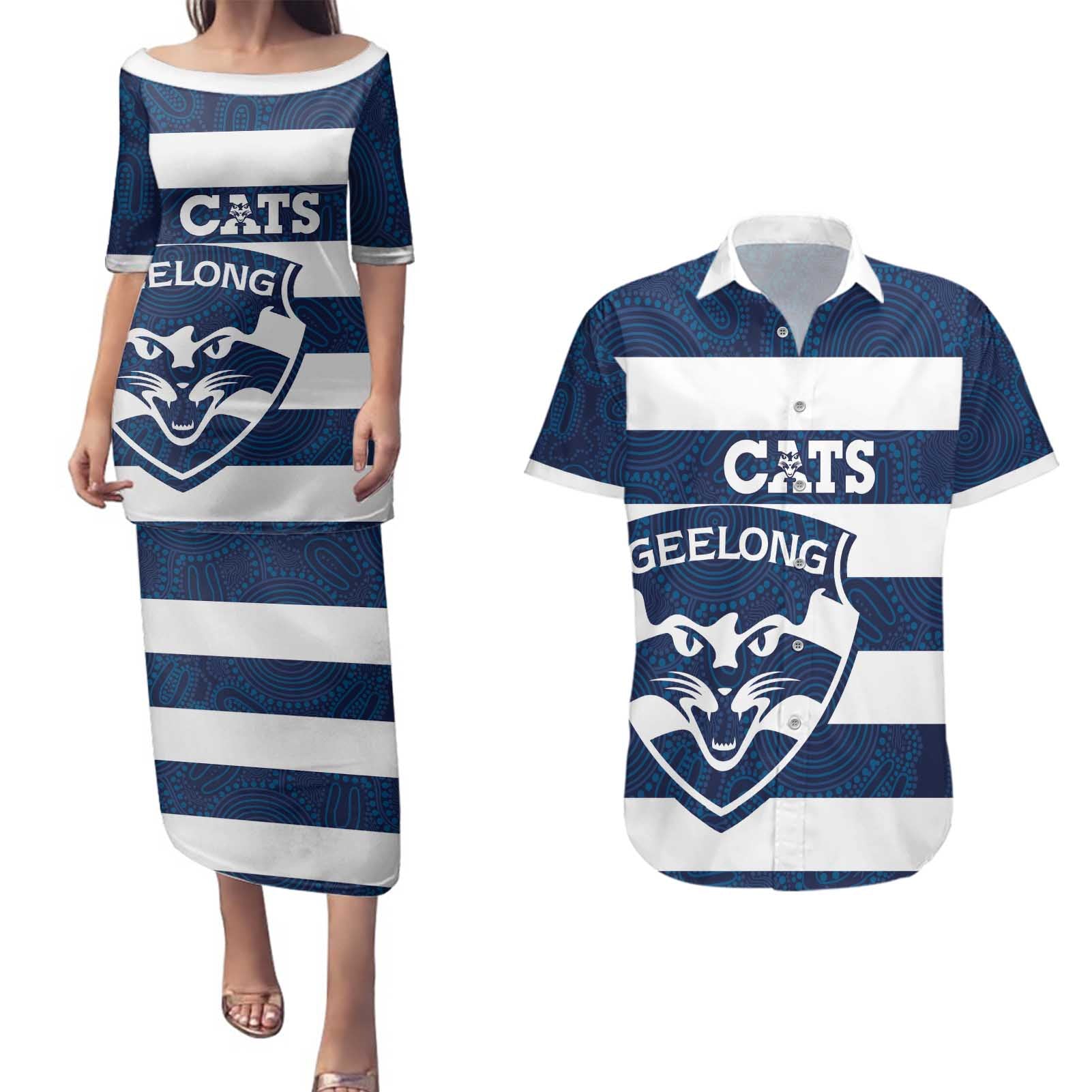 AFL Cats Football Custom Couples Matching Puletasi and Hawaiian Shirt Geelong Proud Indigenous Art - Aussie Hoodie